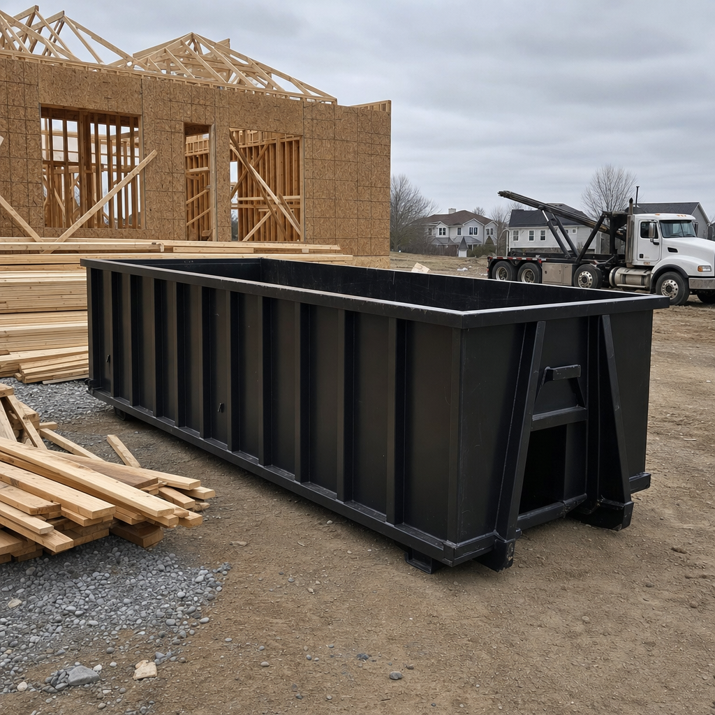 Matte-black 40-yard roll-off dumpster staged on a framed-out residential construction site in Des Moines, framing lumber stacked nearby, hooklift delivery truck visible in the background under bright Colorado daylight