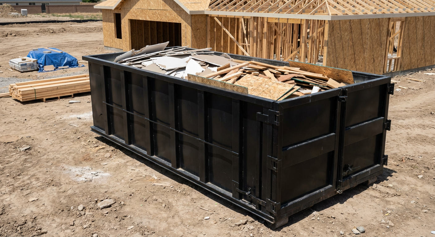 Matte-black 30-yard roll-off construction dumpster sitting directly on the compacted-dirt site of a framed single-family home build in Des Moines, drywall and lumber scrap loaded inside.