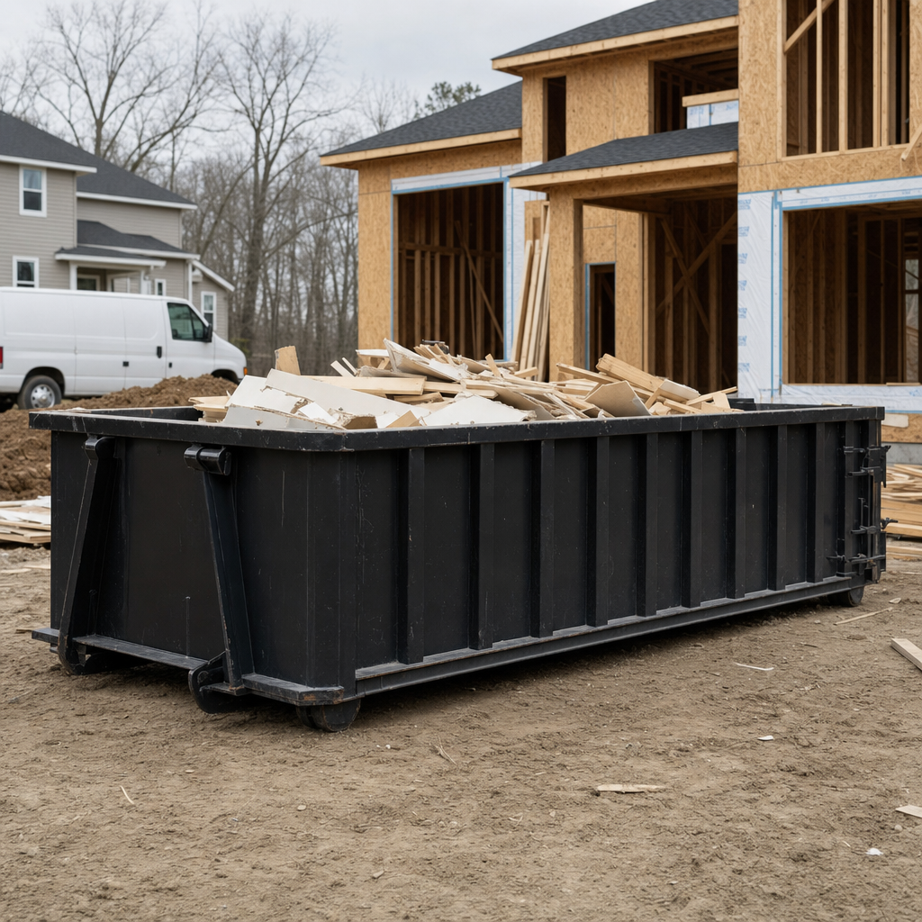 Worker in a yellow high-visibility vest tossing framing lumber and broken drywall into a matte-black 30-yard construction roll-off dumpster on an active build site in Des Moines, bright daylight