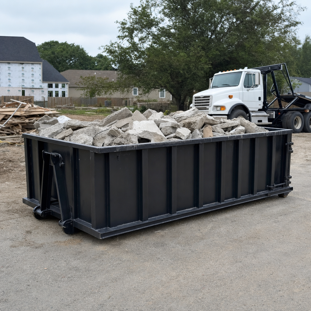 Low-profile matte-black lowboy roll-off dumpster loaded with broken concrete slab and rebar at a foundation tear-out in Des Moines, skid steer parked beside it, sunny Colorado morning