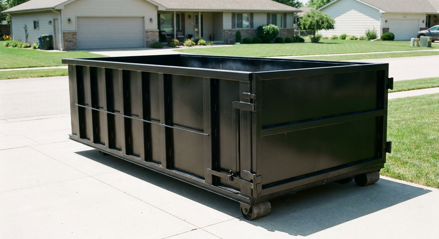 Matte-black 10-yard roll-off dumpster on a residential concrete driveway in Des Moines, uniformly painted matte black across every panel and rail, ribbed steel sidewalls and rear swing door visible, mid-day daylight.