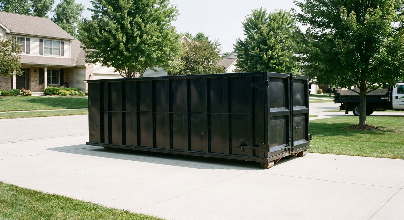 Matte-black 20-yard roll-off dumpster sitting level on a clean Des Moines residential concrete driveway under bright daylight, demonstrating clean placement directly on the concrete.