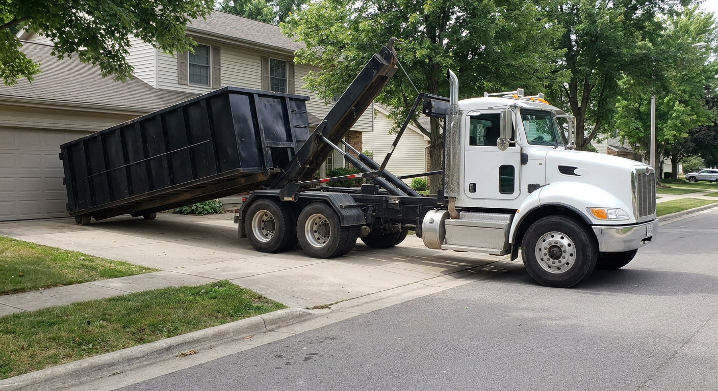 White-cab hooklift roll-off truck actively lowering a matte-black dumpster onto a Des Moines residential concrete driveway, the dumpster's rear wheels touching the driveway as the hoist arm tilts the bed forward, mid-morning daylight.