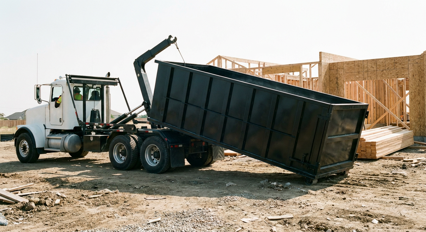 Matte-black roll-off dumpster being delivered onto a clean residential concrete driveway in Des Moines by an unmarked white hooklift hauler truck, bright morning daylight, documentary 35mm perspective.