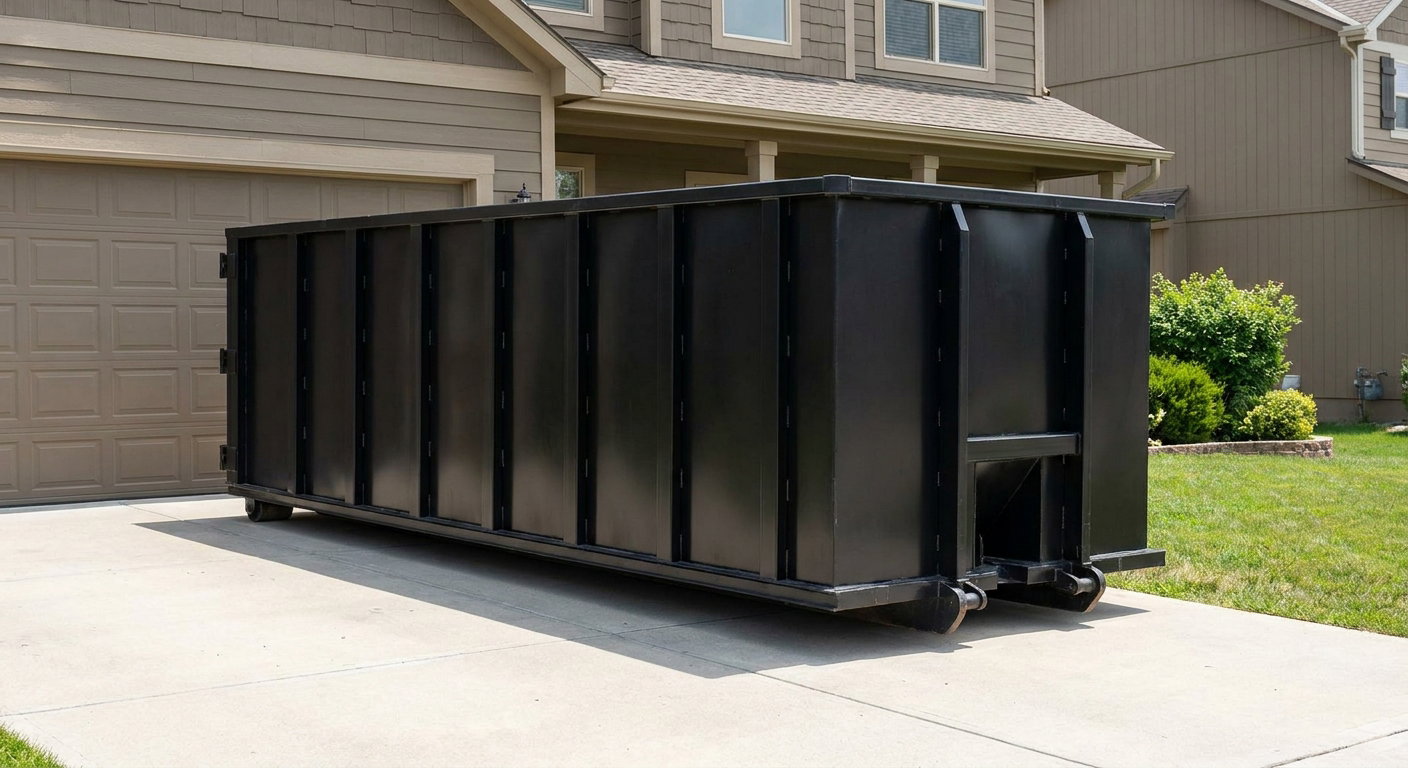 Matte-black residential roll-off dumpster sitting directly on a suburban Des Moines concrete driveway, garage door closed, single-family home in background, bright morning daylight.