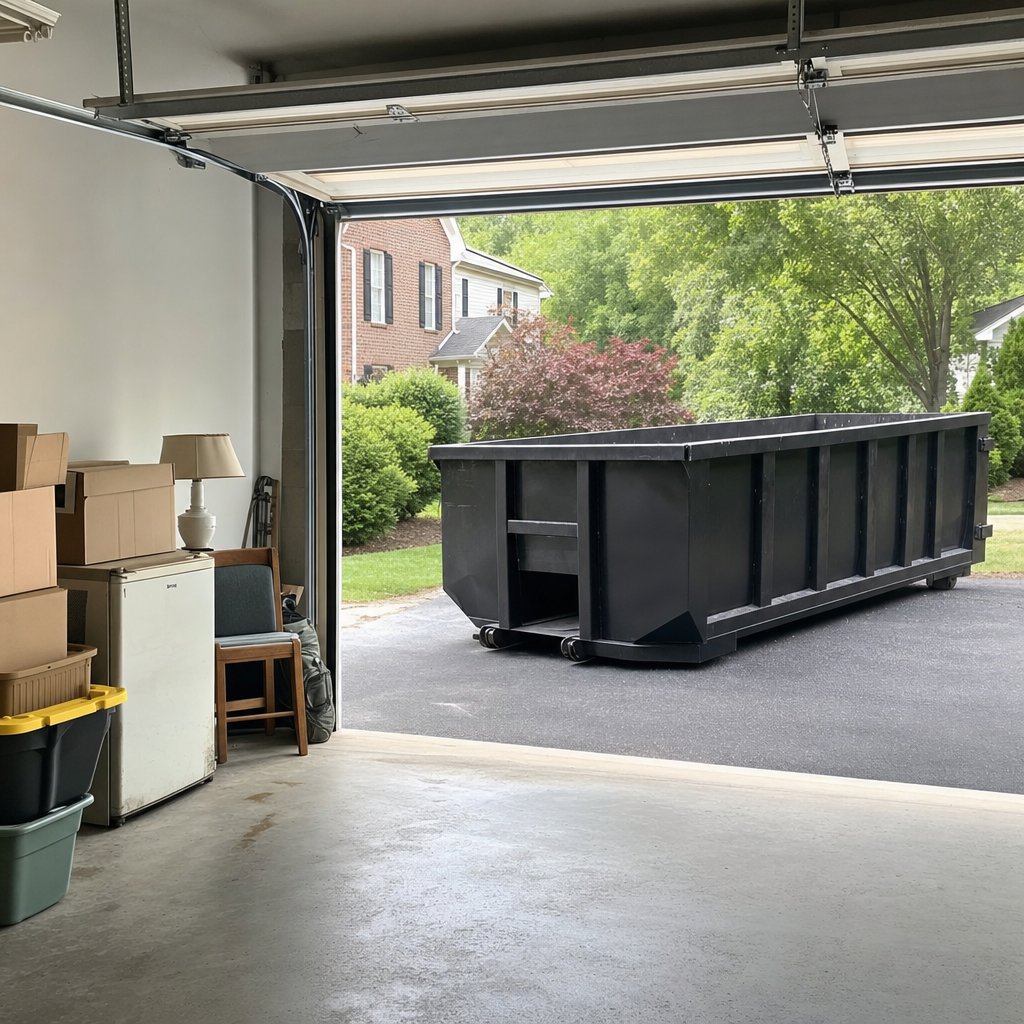 Open garage interior in a Des Moines home mid-cleanout — boxed items, an old appliance, and stacked yard tools queued near the driveway for a matte-black roll-off dumpster, organized and calm