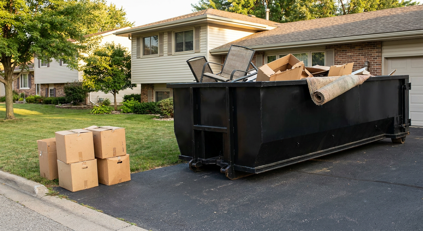 Front-yard view of a Des Moines split-level home with a 20-yard matte-black roll-off dumpster sitting directly on the asphalt driveway, a few clearly labeled donation boxes staged at the curb, calm sunny afternoon.