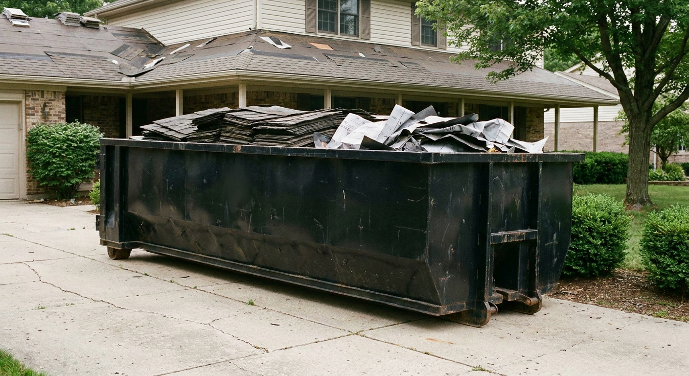 Matte-black 30-yard roofing roll-off dumpster sitting directly on a Des Moines concrete driveway, taller ribbed steel side panels, mixed tear-off debris of asphalt shingles and underlayment inside, professional documentary daylight.