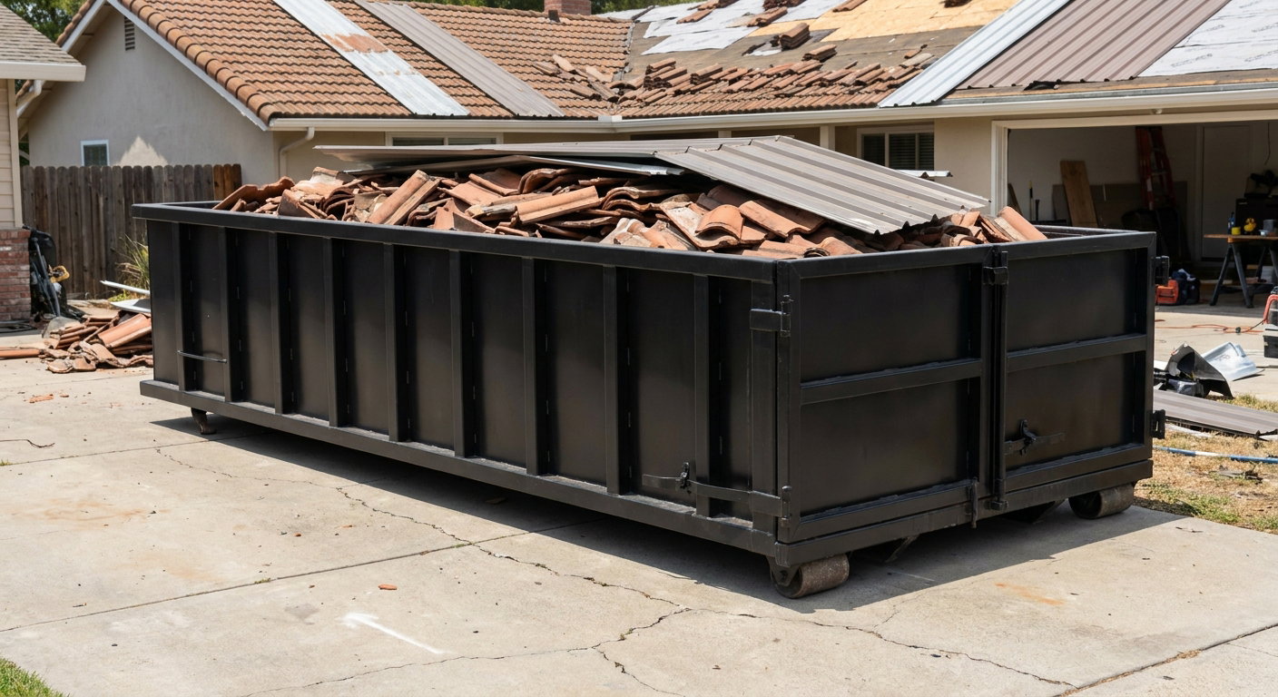 Matte-black low-wall heavy-debris roofing roll-off dumpster sitting directly on a Des Moines concrete driveway, broken concrete clay roof tiles and metal panel sections loaded inside, reinforced ribbed steel side walls visible, bright outdoor daylight.