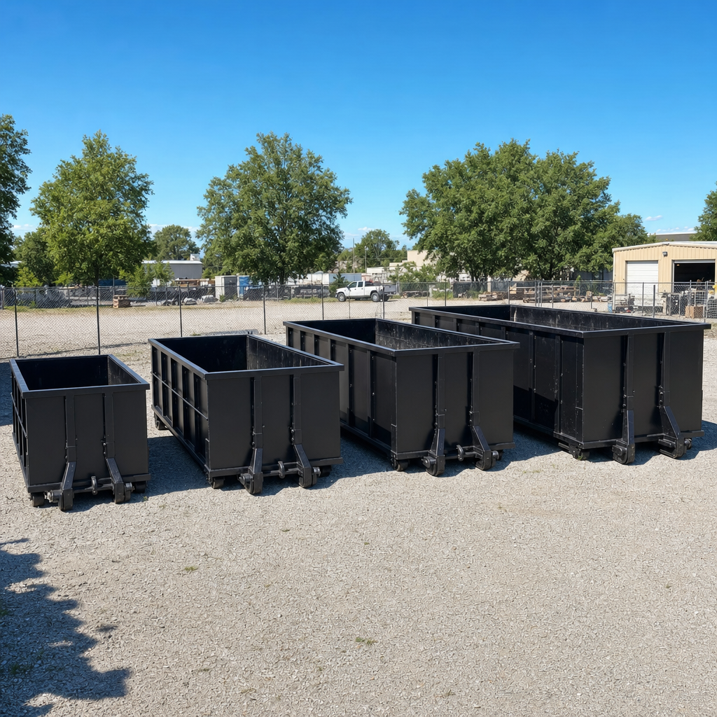 A clean lineup of matte-black roll-off dumpsters in 10, 20, 30, and 40-yard sizes staged on a sunlit gravel yard in Des Moines, showing the size progression from compact to commercial-scale containers.