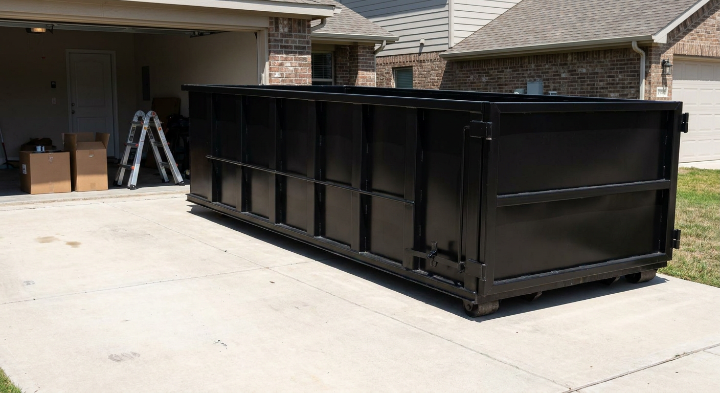 A matte-black 10-yard roll-off dumpster sitting directly on a residential Des Moines concrete driveway, mid-day sunlight, clean and ready for a garage cleanout.