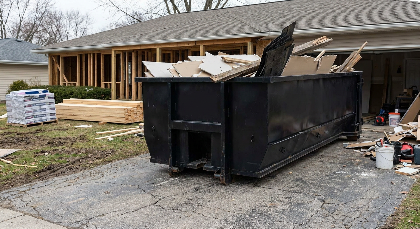 A matte-black 20-yard roll-off dumpster placed alongside a mid-renovation Des Moines home directly on the asphalt driveway, with framing materials and torn-off shingles staged neatly nearby.