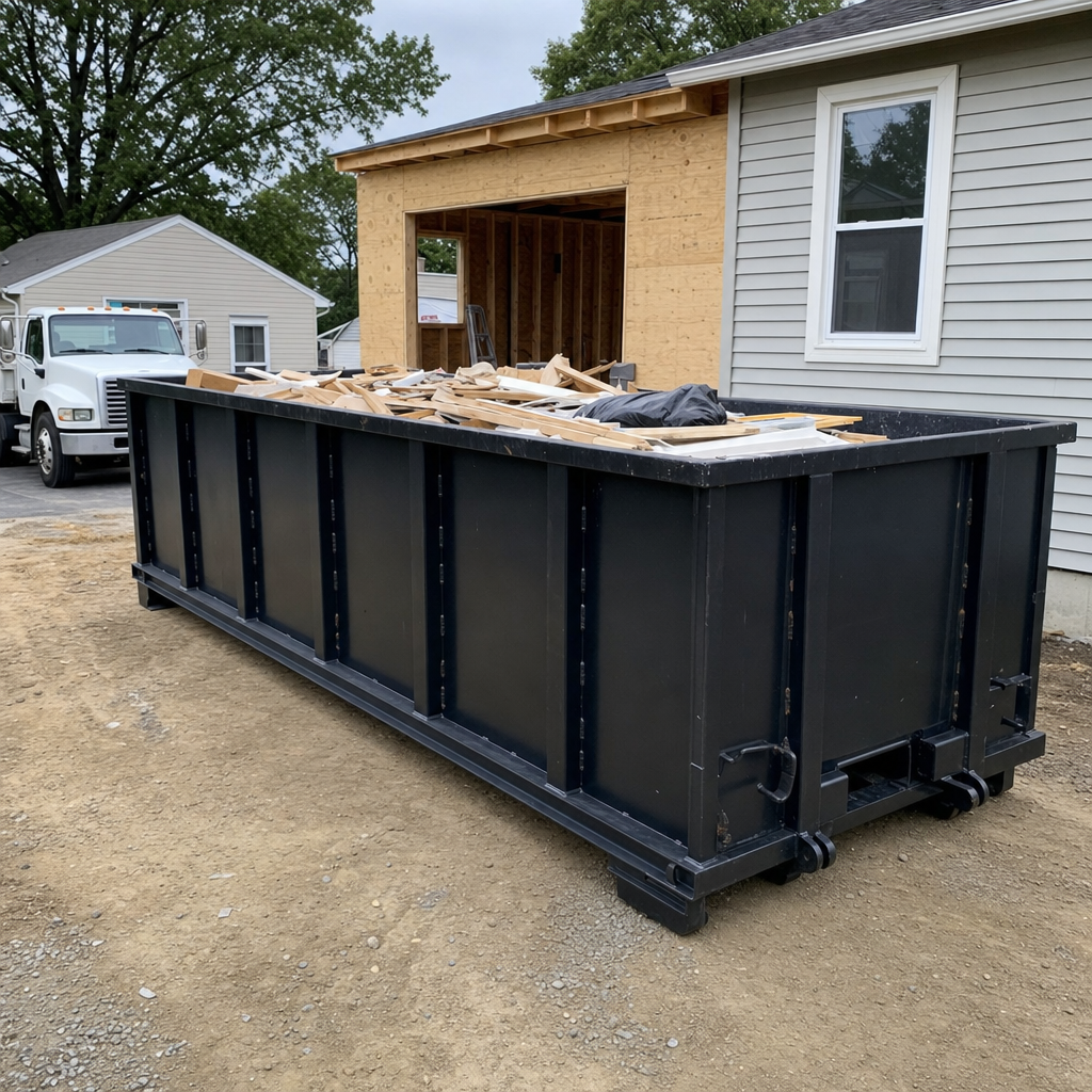 A matte-black 30-yard roll-off dumpster positioned at a Des Moines residential addition jobsite, with framing lumber and drywall scraps loaded through the open swinging rear doors.