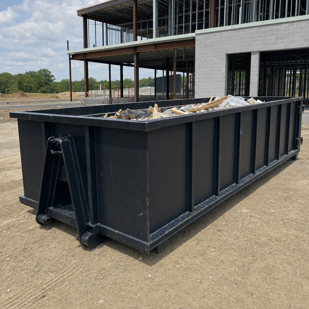 A matte-black 40-yard roll-off dumpster staged on a large Des Moines commercial construction lot, with a hooklift delivery truck parked alongside under bright midday sky.